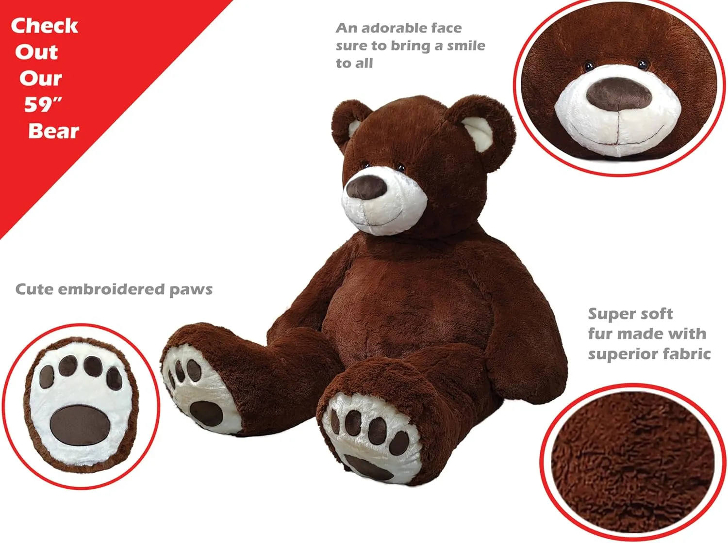 Anico 59" Tall (5 Foot) Giant Plush Bear, Stuffed Animal, Dark Brown Teddy Bear with Smiling Face. Premium Stuffed Toy Teddy Bear, Perfect for Girlfriend, Kids, Valentine's Day, Christmas!