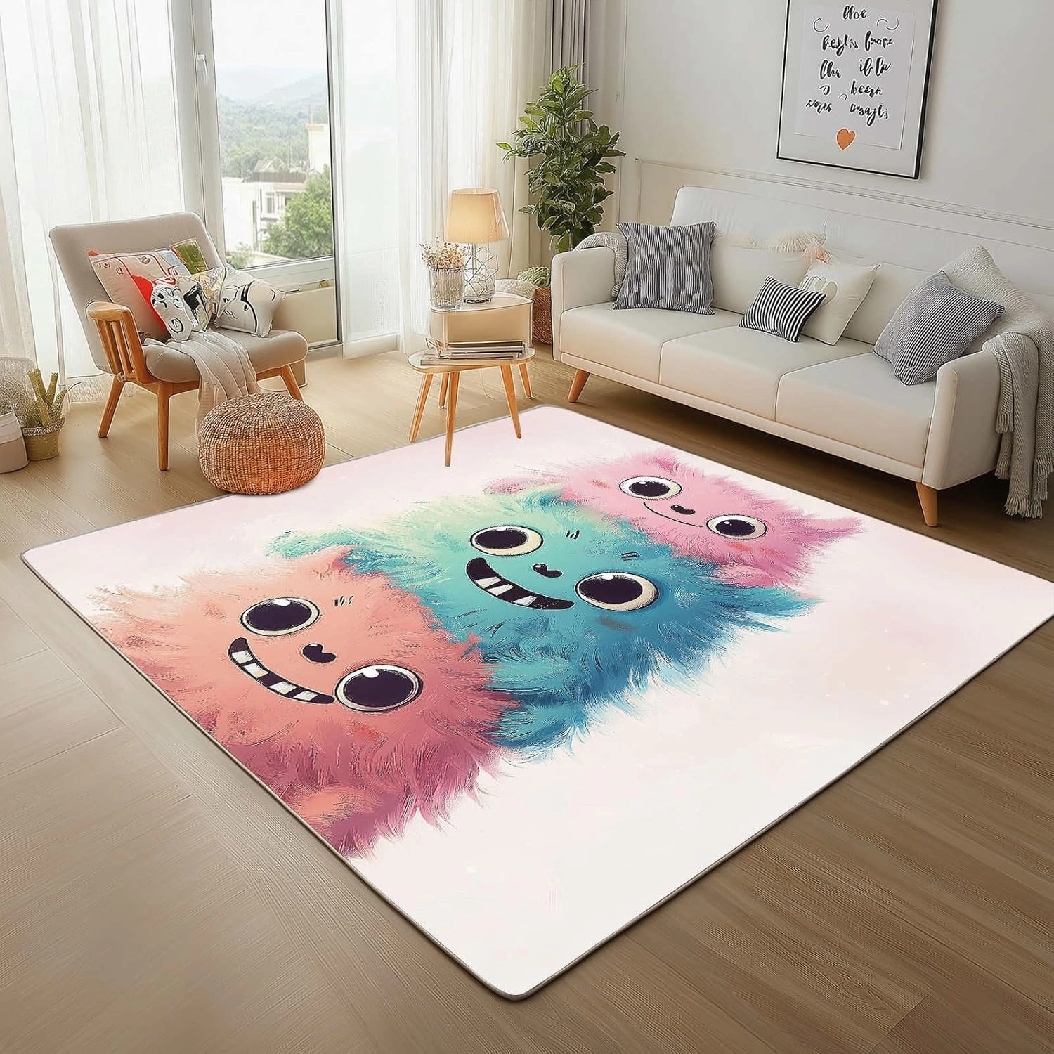 Anime Monster 4x6 Rug for Bedroom Cute Animals Washable Area Rugs Living Room White Carpet for Study Bedroom Nursery, Washable Rugs Non Slip Soft Carpet