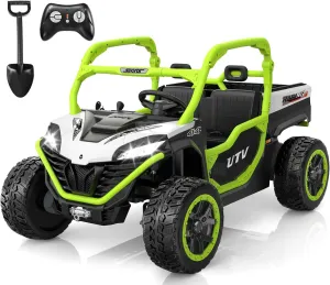 ANPABO 24V 2 Seater Ride On Dump Truck, 4x75W, Max 5 Mph, EVA Tire, Kids Electric Car with Electric Dump Bed, Shovel, Music, 24V Ride On Toy UTV w/Parent Remote Control for Ages 3-8, Green