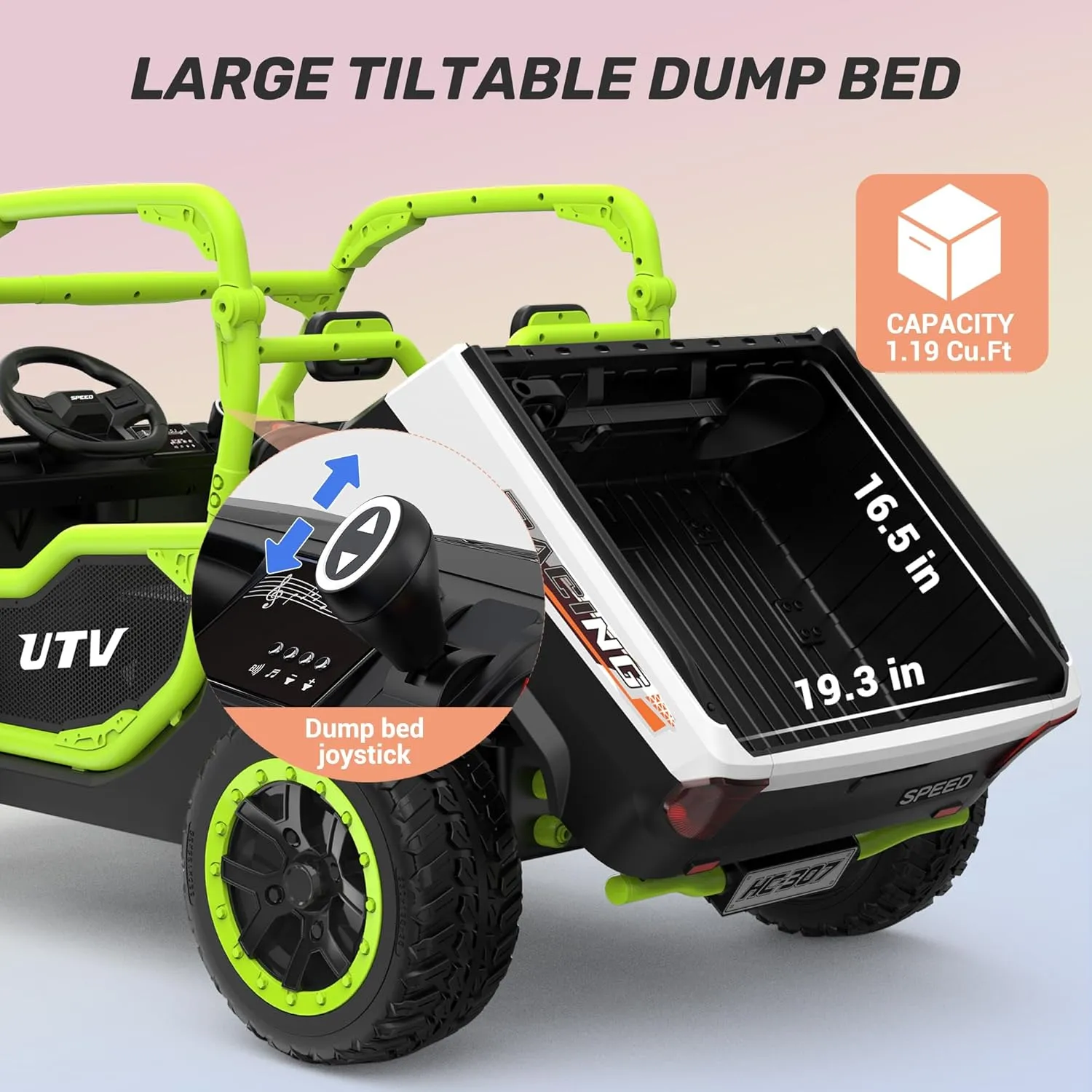 ANPABO 24V 2 Seater Ride On Dump Truck, 4x75W, Max 5 Mph, EVA Tire, Kids Electric Car with Electric Dump Bed, Shovel, Music, 24V Ride On Toy UTV w/Parent Remote Control for Ages 3-8, Green