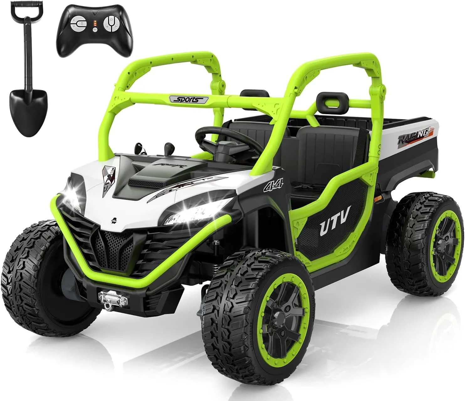 ANPABO 24V 2 Seater Ride On Dump Truck, 4x75W, Max 5 Mph, EVA Tire, Kids Electric Car with Electric Dump Bed, Shovel, Music, 24V Ride On Toy UTV w/Parent Remote Control for Ages 3-8, Green