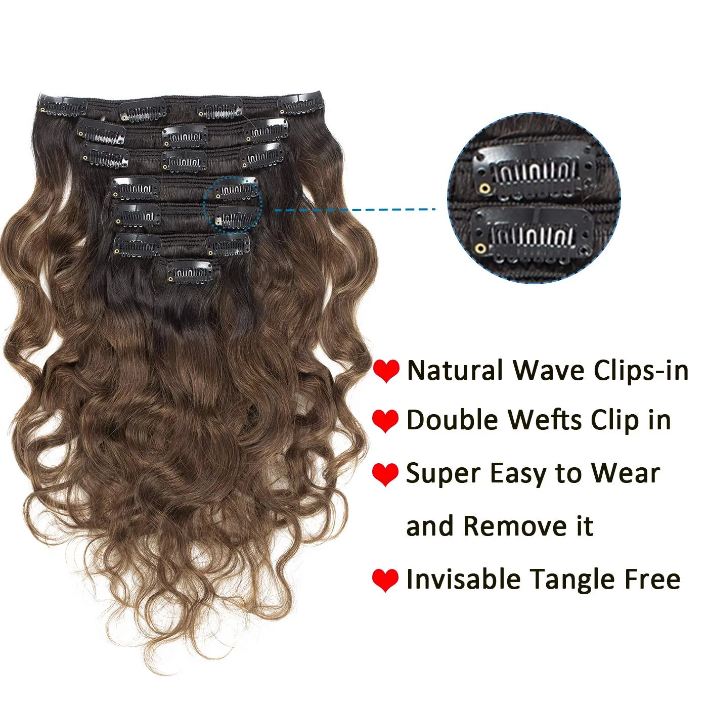 Anrosa Natural Wavy Clips in 18 Inch Remy Human Hair Extensions #1B/4 Natural Wave Natural Black Color into Dark Brown #4 Color for Black Women 120gram Double Weft 17Clips 7 Pieces Per Pack