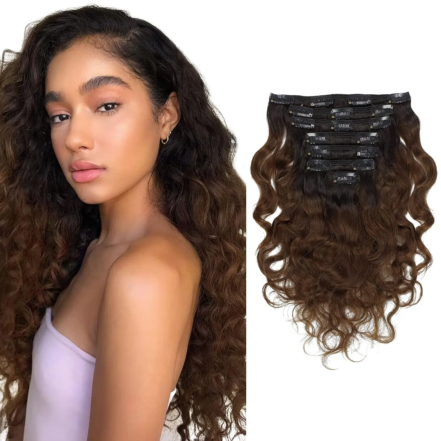 Anrosa Natural Wavy Clips in 18 Inch Remy Human Hair Extensions #1B/4 Natural Wave Natural Black Color into Dark Brown #4 Color for Black Women 120gram Double Weft 17Clips 7 Pieces Per Pack