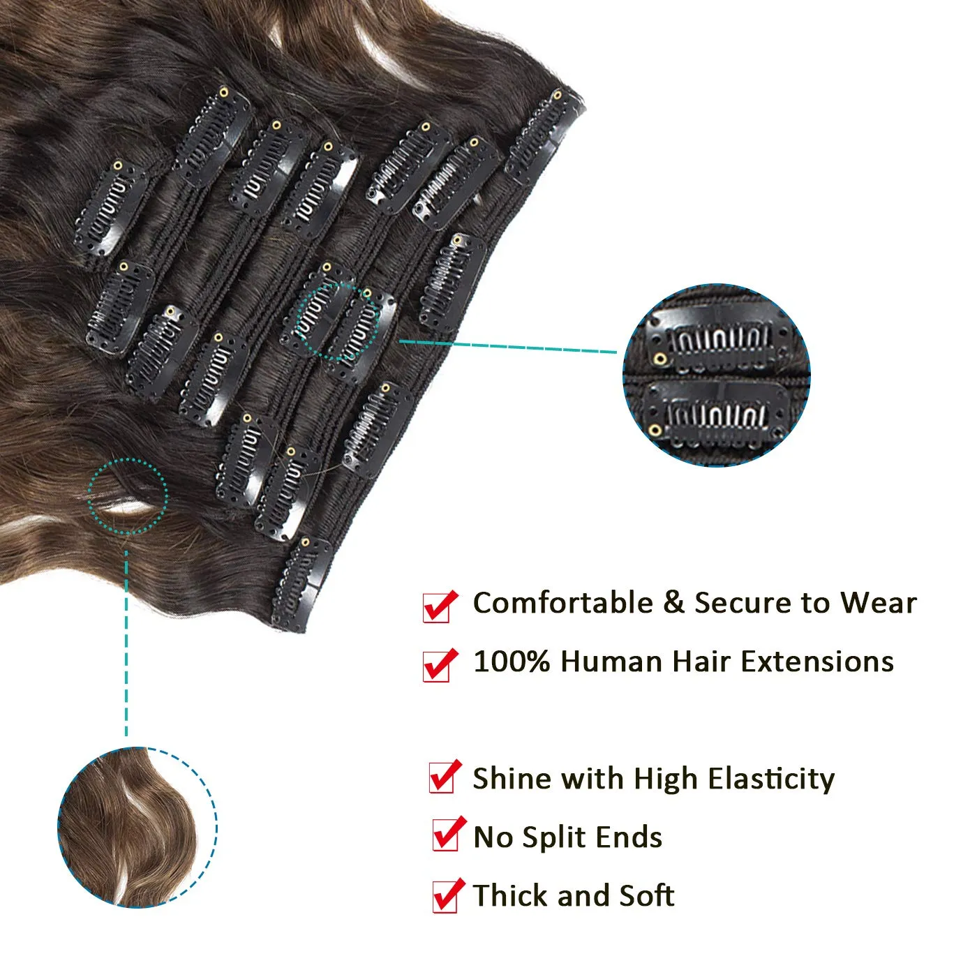 Anrosa Natural Wavy Clips in 18 Inch Remy Human Hair Extensions #1B/4 Natural Wave Natural Black Color into Dark Brown #4 Color for Black Women 120gram Double Weft 17Clips 7 Pieces Per Pack
