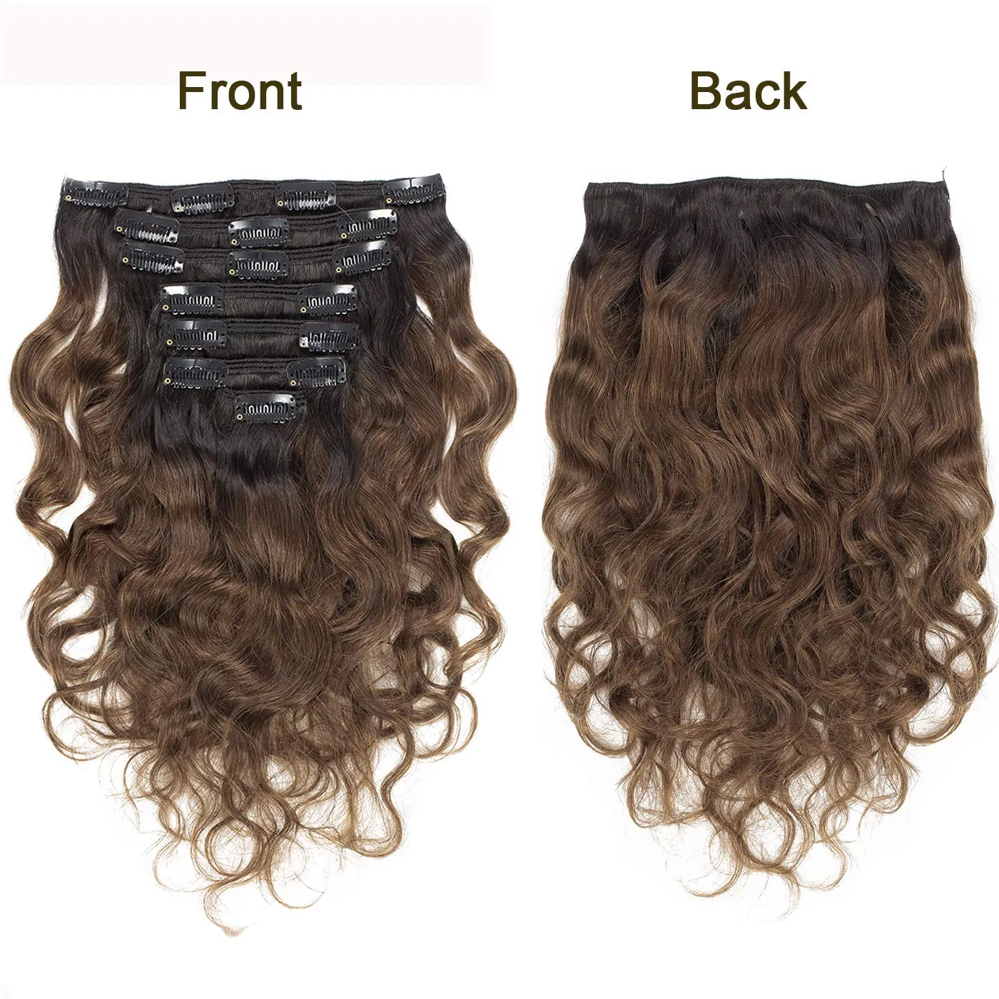 Anrosa Natural Wavy Clips in 18 Inch Remy Human Hair Extensions #1B/4 Natural Wave Natural Black Color into Dark Brown #4 Color for Black Women 120gram Double Weft 17Clips 7 Pieces Per Pack