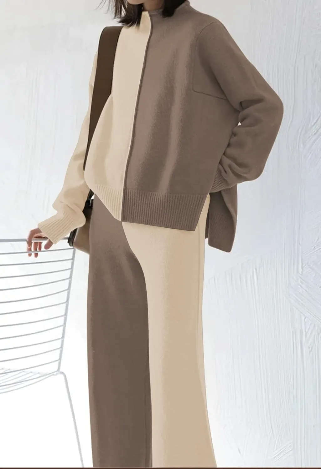 AOHITE Womens 2 Piece Outfit Set Long Sleeve Knit Pullover Sweater Top and Wide Leg Pants Sweatsuit