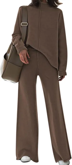 AOHITE Womens 2 Piece Outfit Set Long Sleeve Knit Pullover Sweater Top and Wide Leg Pants Sweatsuit