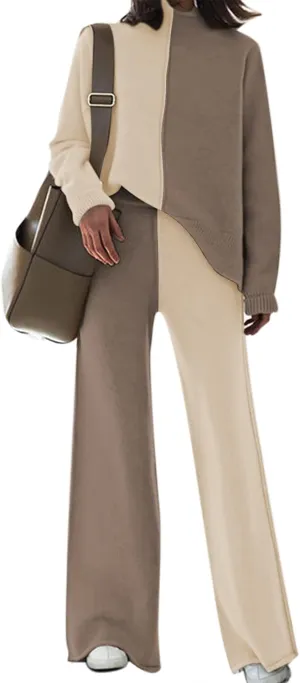 AOHITE Womens 2 Piece Outfit Set Long Sleeve Knit Pullover Sweater Top and Wide Leg Pants Sweatsuit