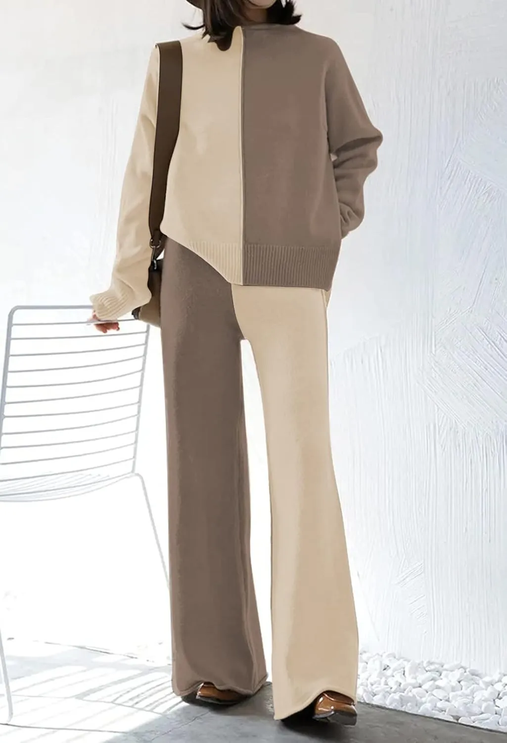 AOHITE Womens 2 Piece Outfit Set Long Sleeve Knit Pullover Sweater Top and Wide Leg Pants Sweatsuit