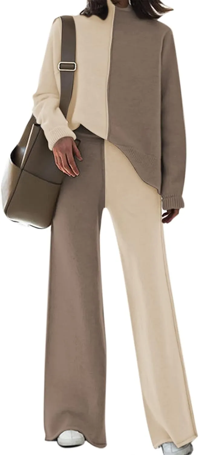 AOHITE Womens 2 Piece Outfit Set Long Sleeve Knit Pullover Sweater Top and Wide Leg Pants Sweatsuit