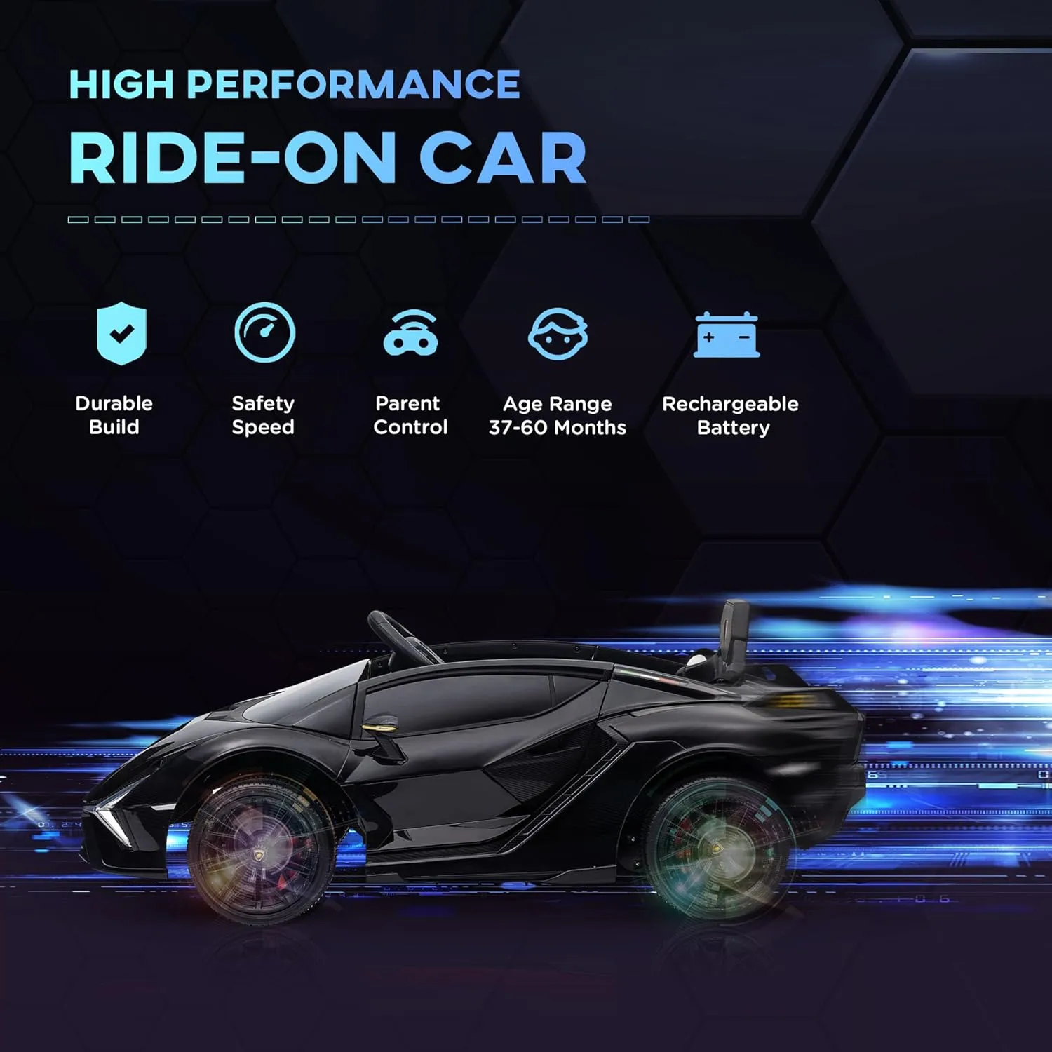 Aosom 12V Ride on Car, Lamborghini SIAN Licensed Battery Powered Electric Car for Kids with Remote Control, Horn, Music, & Headlights, Black