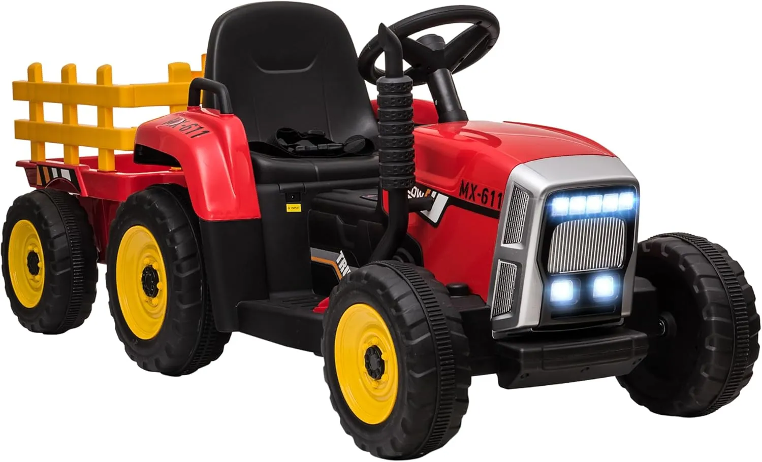 Aosom 12V Ride on Tractor with Trailer, 25W Dual Motors, Battery Powered Electric Tractor with Remote Control, Music Startup Sound and Horn, LED Lights, Red