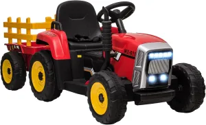 Aosom 12V Ride on Tractor with Trailer, 25W Dual Motors, Battery Powered Electric Tractor with Remote Control, Music Startup Sound and Horn, LED Lights, Red