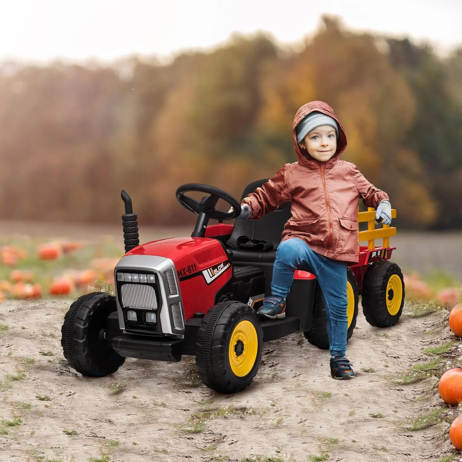Aosom 12V Ride on Tractor with Trailer, 25W Dual Motors, Battery Powered Electric Tractor with Remote Control, Music Startup Sound and Horn, LED Lights, Red
