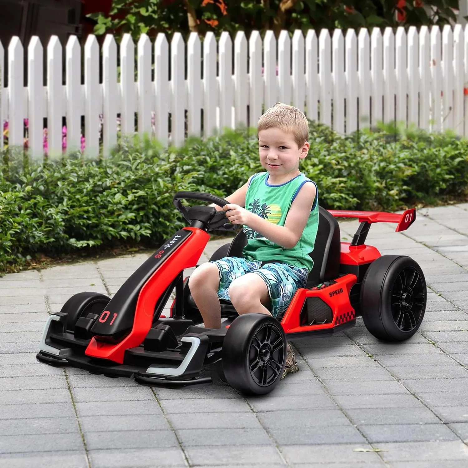Aosom 24V 7.5 MPH Electric Go Kart with Adjustable Seat, Drifting Car Battery Powered Ride on Toy Outdoor with Slow Start, Button Start, Music, Honking Horn, Lights, for 6-12 Years Old, Red