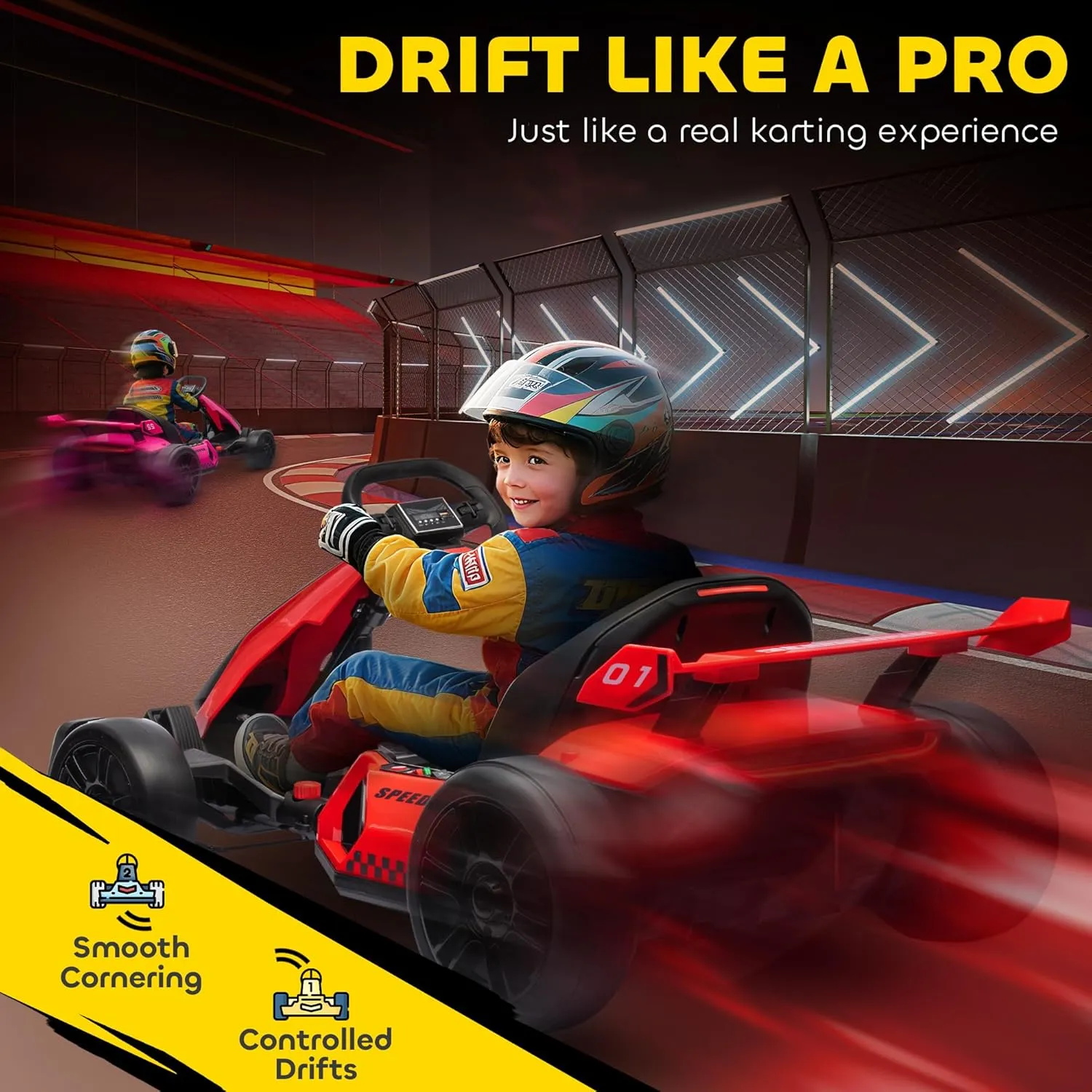 Aosom 24V 7.5 MPH Electric Go Kart with Adjustable Seat, Drifting Car Battery Powered Ride on Toy Outdoor with Slow Start, Button Start, Music, Honking Horn, Lights, for 6-12 Years Old, Red