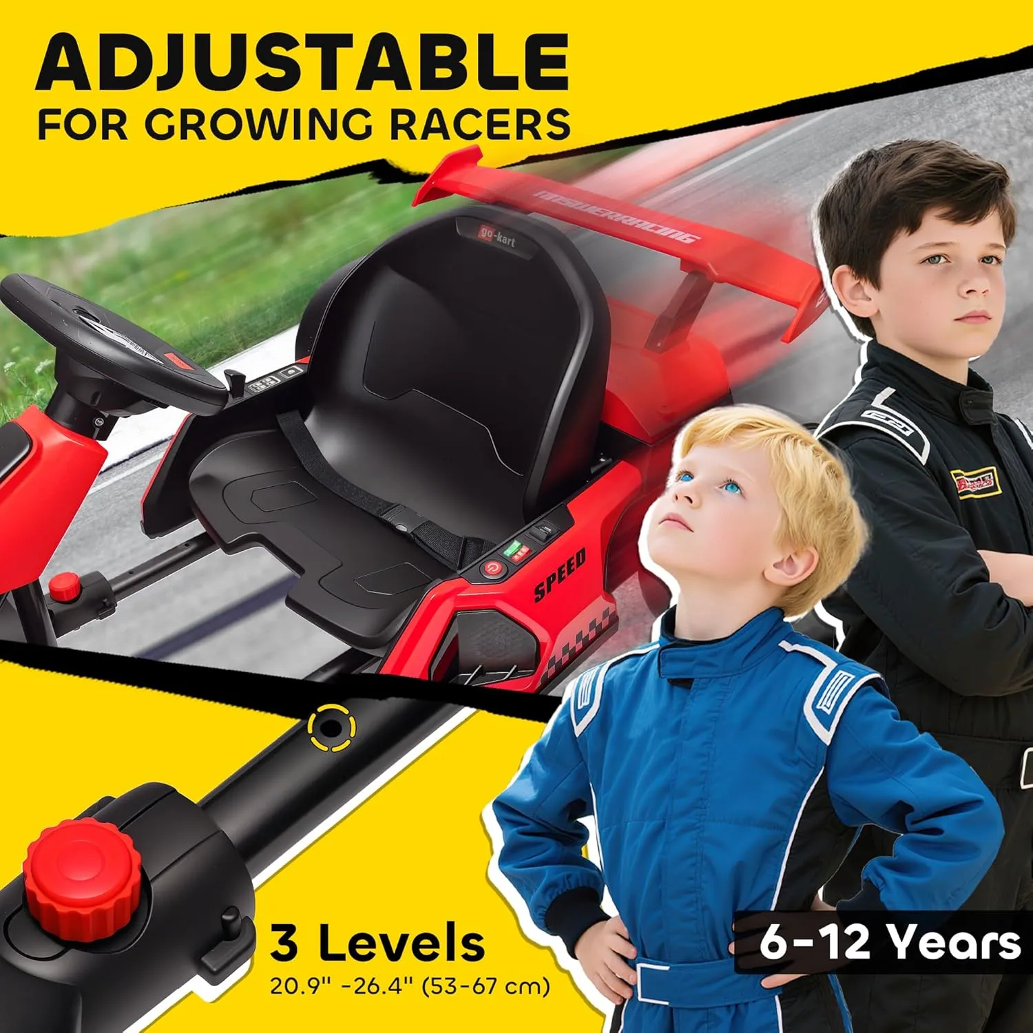 Aosom 24V 7.5 MPH Electric Go Kart with Adjustable Seat, Drifting Car Battery Powered Ride on Toy Outdoor with Slow Start, Button Start, Music, Honking Horn, Lights, for 6-12 Years Old, Red