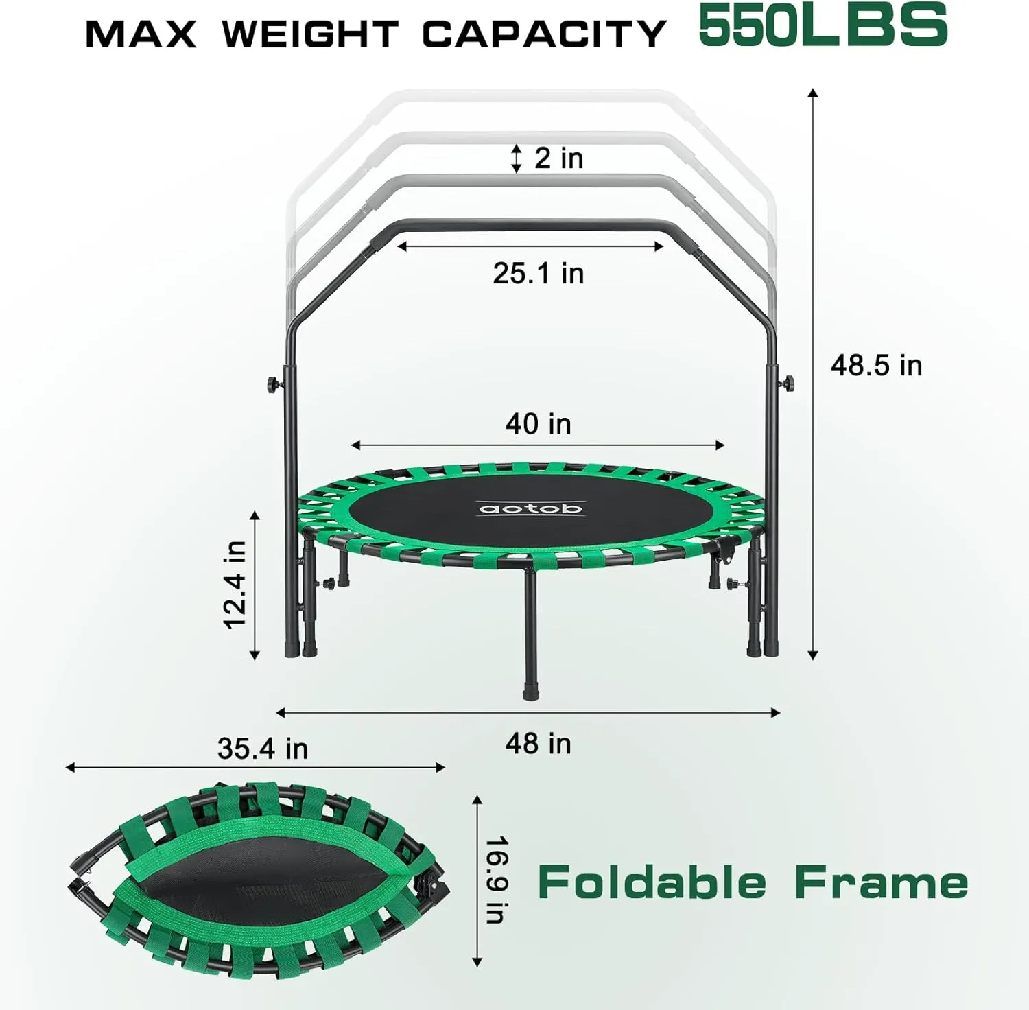 AOTOB 40/48” Fitness Trampoline for Adult, Max Load 450 LBS Foldable Mini Trampoline with Durable Bungees, Small Rebounder Exercise Trampoline for Workout for Quiet and Safely Cushioned Bounce