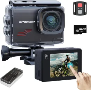 Apexcam Action Camera 4K Touch Screen, 131FT Waterproof Camera Underwater, 60FPS 64MP Sports Camera Helmet for Vlog, 170 ° WiFi Camcorder, 8X Zoom, Remote Control, 64GB Card,Mount Accessories