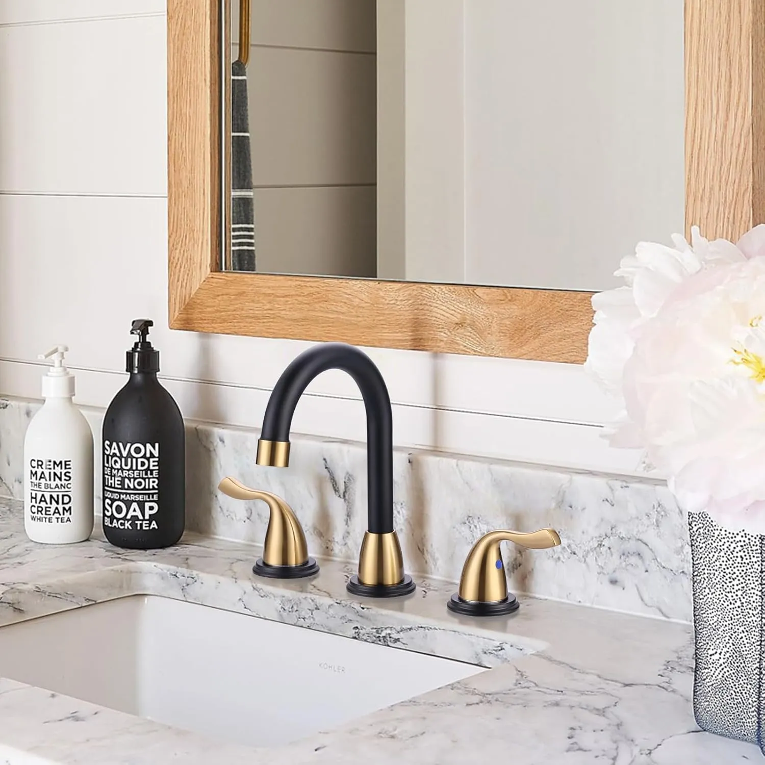 ARCORA Widespread Bathroom Faucet 3 Hole, Bathroom Sink Faucet 2 Handle Vanity Faucet 8 Inch with Pop Up Drain and cUPC Supply Lines, Black and Gold Bathroom Faucet