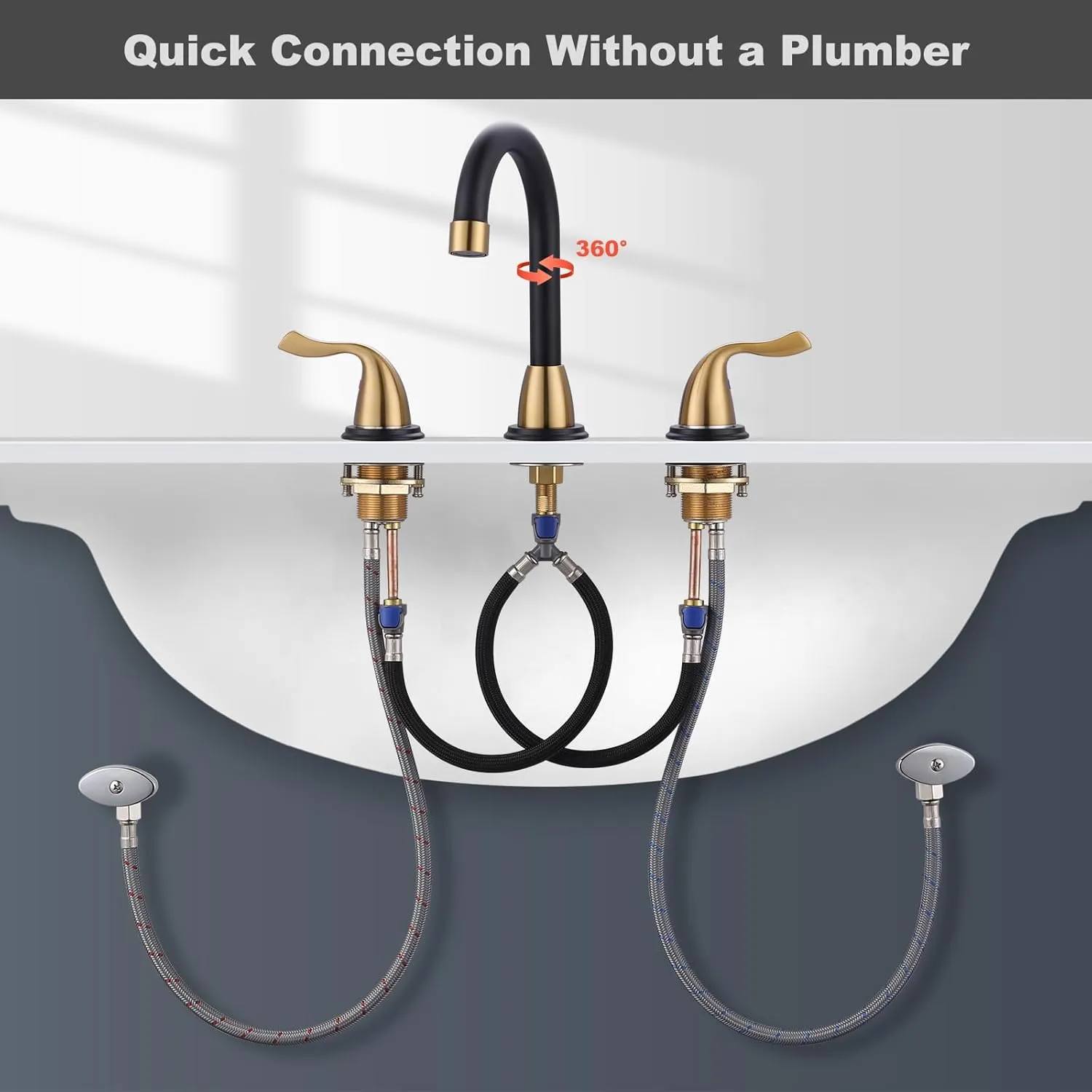 ARCORA Widespread Bathroom Faucet 3 Hole, Bathroom Sink Faucet 2 Handle Vanity Faucet 8 Inch with Pop Up Drain and cUPC Supply Lines, Black and Gold Bathroom Faucet