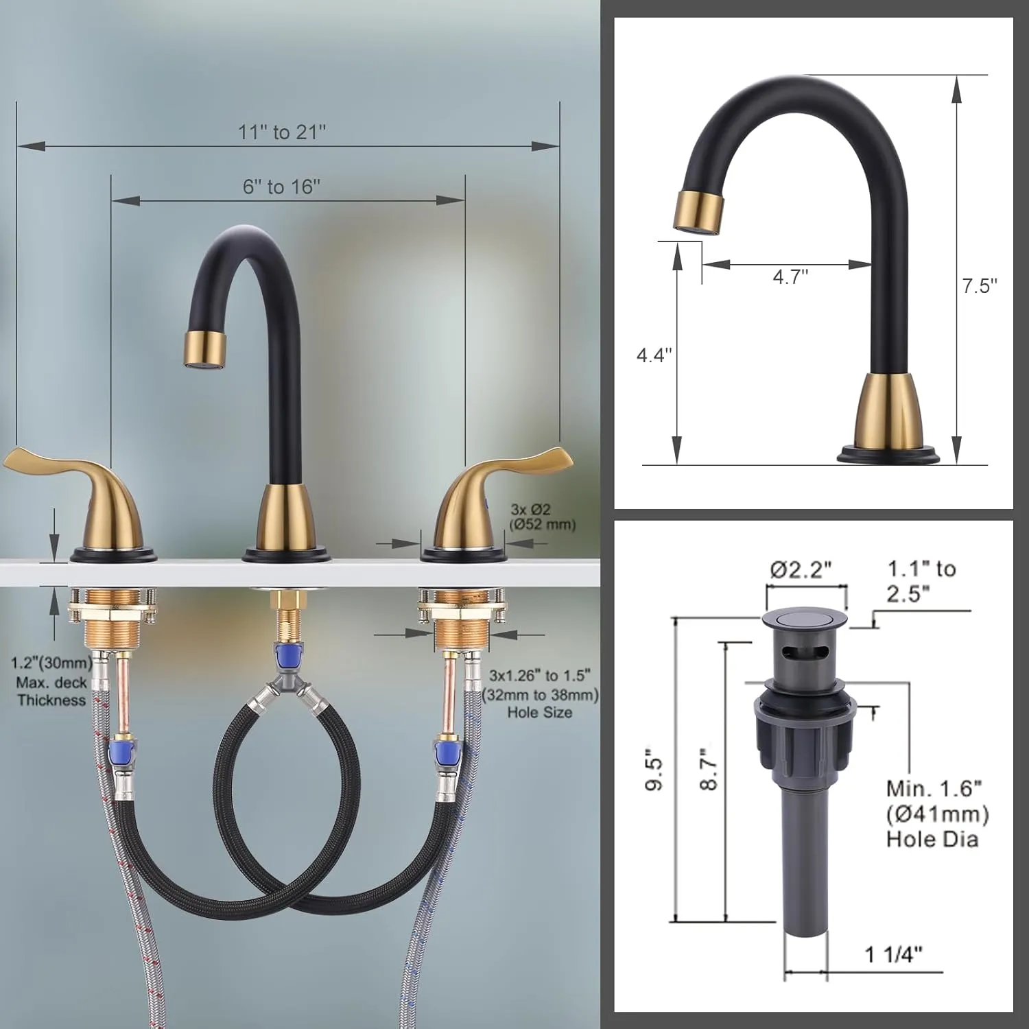 ARCORA Widespread Bathroom Faucet 3 Hole, Bathroom Sink Faucet 2 Handle Vanity Faucet 8 Inch with Pop Up Drain and cUPC Supply Lines, Black and Gold Bathroom Faucet
