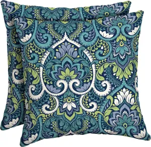 Arden Outdoor Toss Pillow, Set of 2, 16 x 16, Rain-Proof, Fade Resistant 16 x 16, Sapphire Aurora Blue Damask