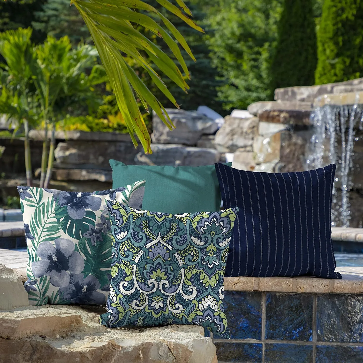 Arden Outdoor Toss Pillow, Set of 2, 16 x 16, Rain-Proof, Fade Resistant 16 x 16, Sapphire Aurora Blue Damask