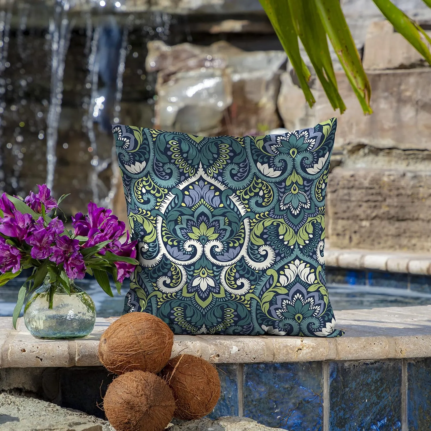 Arden Outdoor Toss Pillow, Set of 2, 16 x 16, Rain-Proof, Fade Resistant 16 x 16, Sapphire Aurora Blue Damask