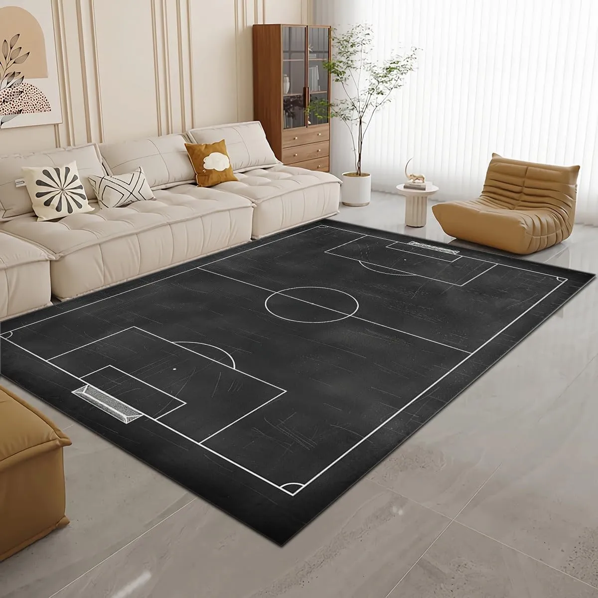 Area Rugs for Living Room Minimalist Football Field Black Fluffy Rug Soft Flannel, Rug Floor Carpet with Durable Anti Slip Backing, Carpet Runners Ideal for Bedroom and Nursery 2x3 ft