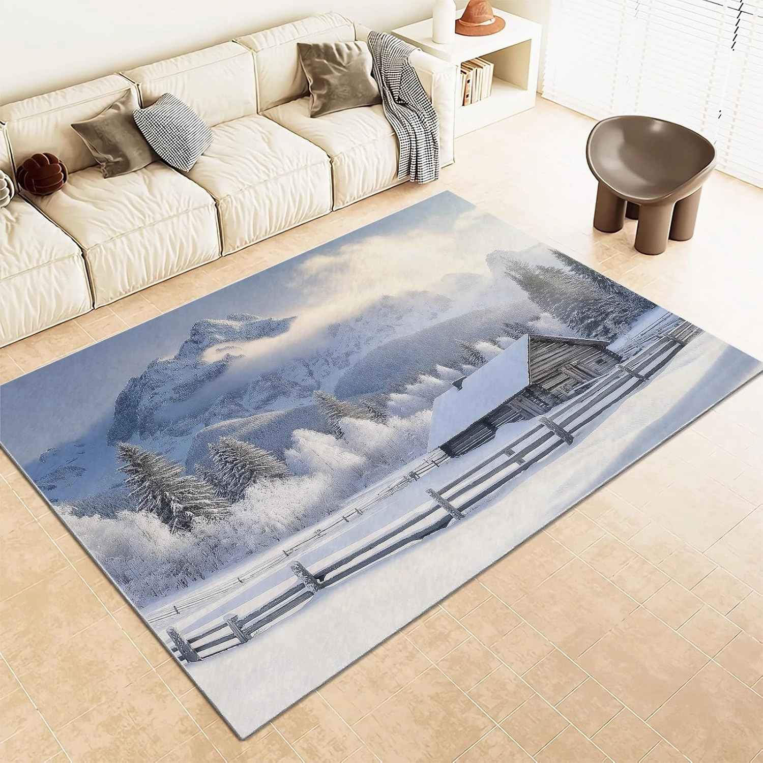 Area Rug 3x5 ft Snow Mountain Forest Cabin Living Room Rugs Non-Slip Carpet Large Soft Indoor Washable Rug for Bedroom Dining Room Playroom Nursery Home Decor Floor Mat