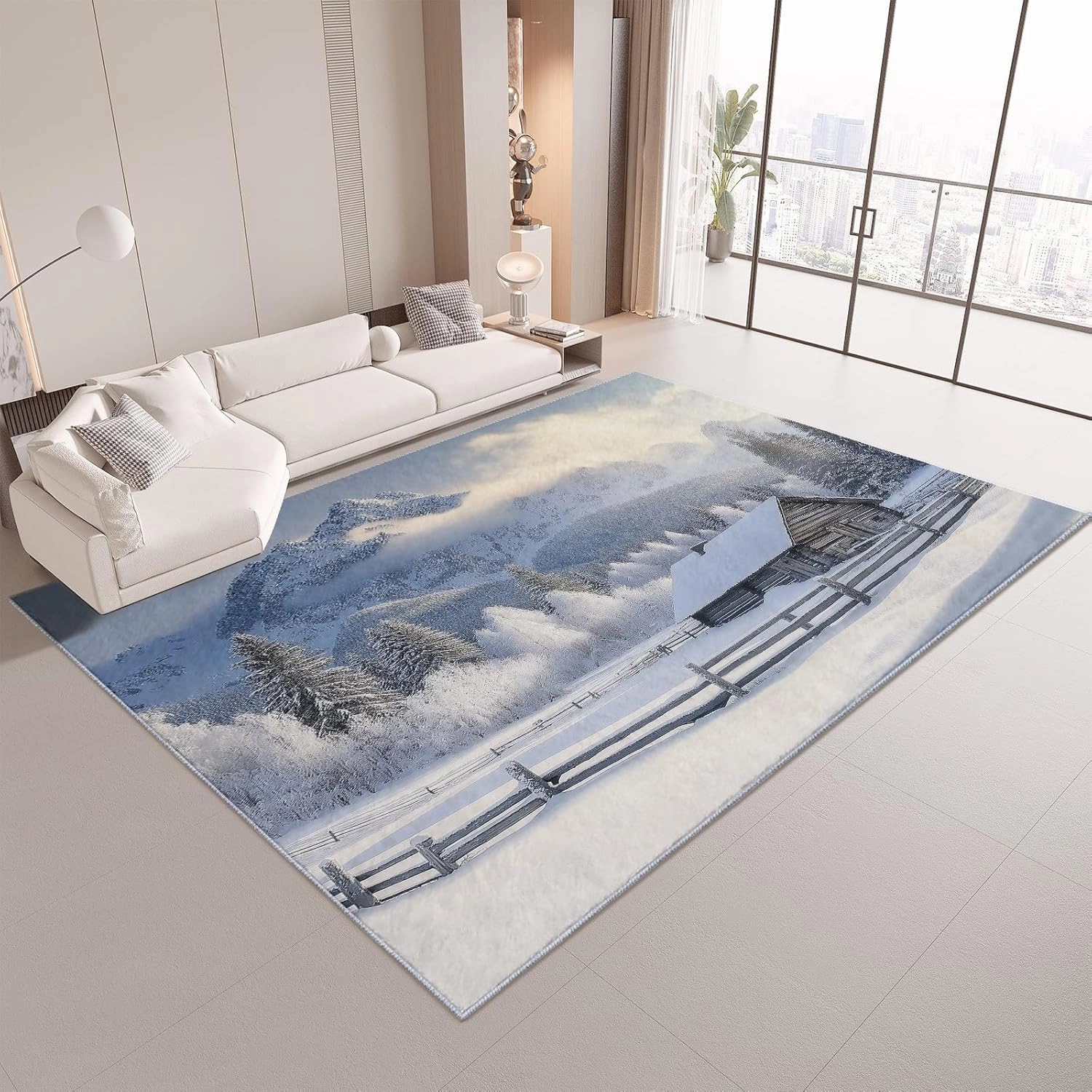 Area Rug 3x5 ft Snow Mountain Forest Cabin Living Room Rugs Non-Slip Carpet Large Soft Indoor Washable Rug for Bedroom Dining Room Playroom Nursery Home Decor Floor Mat