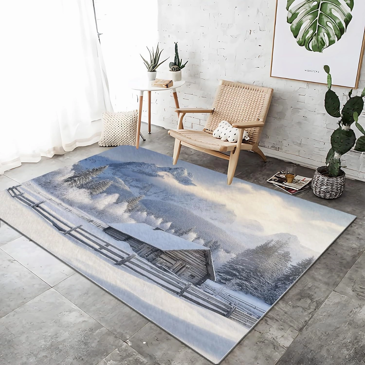 Area Rug 3x5 ft Snow Mountain Forest Cabin Living Room Rugs Non-Slip Carpet Large Soft Indoor Washable Rug for Bedroom Dining Room Playroom Nursery Home Decor Floor Mat