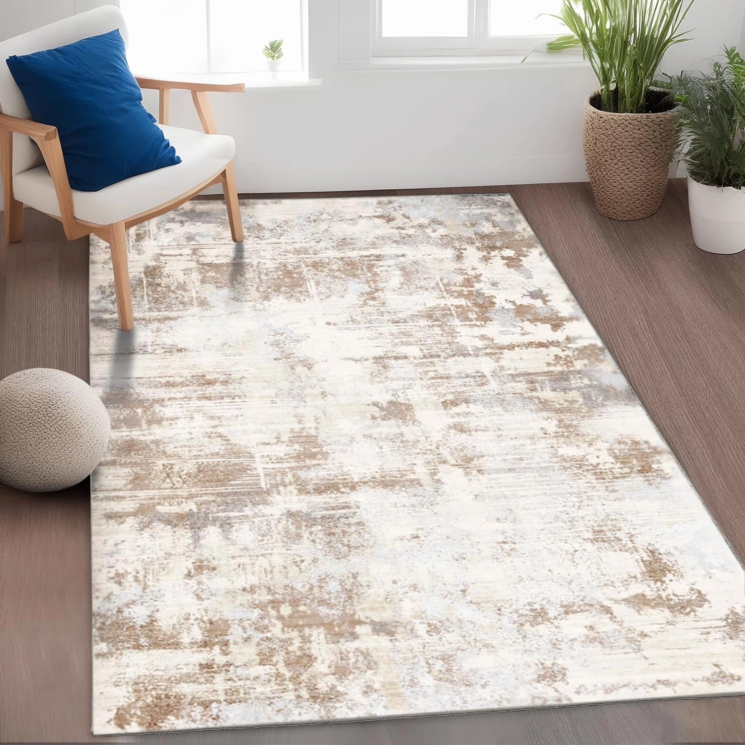 Area Rug Living Room Rugs: 5x7 Indoor Soft Fluffy Rug Abstract Carpet for Bedroom Kitchen Dining Room Floor Washable Plush Throw Large Accent Rug Home Office Nursery Decor - Beige