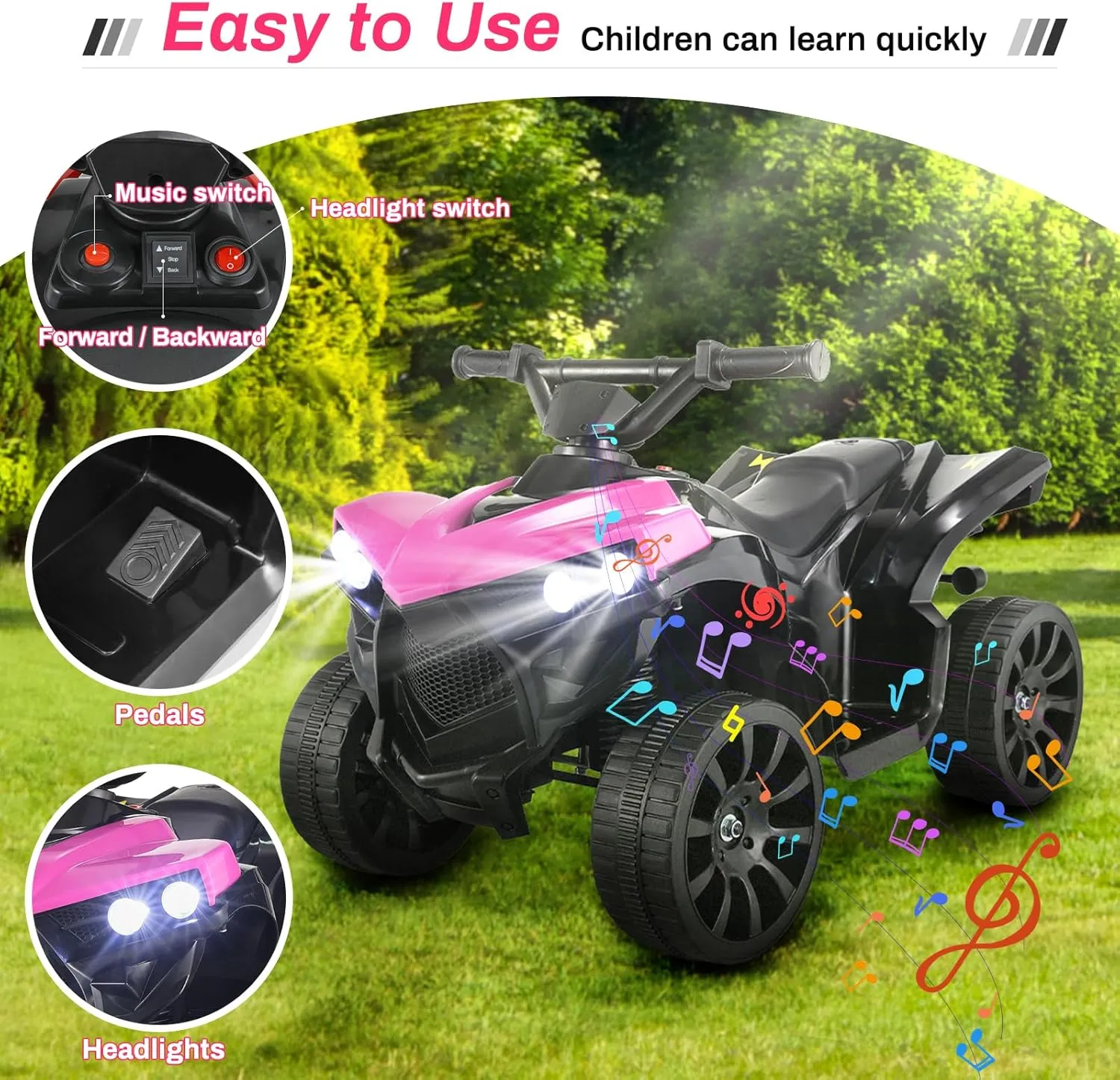 Arlopu 6V Kids Ride On Toy, 4-Wheeler Quad ATV Play Car w/1.86MPH Max Speed, Treaded Tires, Rubber Handles, Music, Headlights, Pedal Accelerator (Pink)