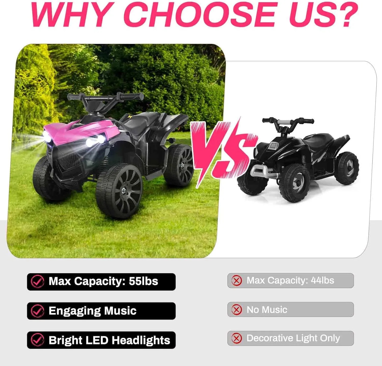 Arlopu 6V Kids Ride On Toy, 4-Wheeler Quad ATV Play Car w/1.86MPH Max Speed, Treaded Tires, Rubber Handles, Music, Headlights, Pedal Accelerator (Pink)