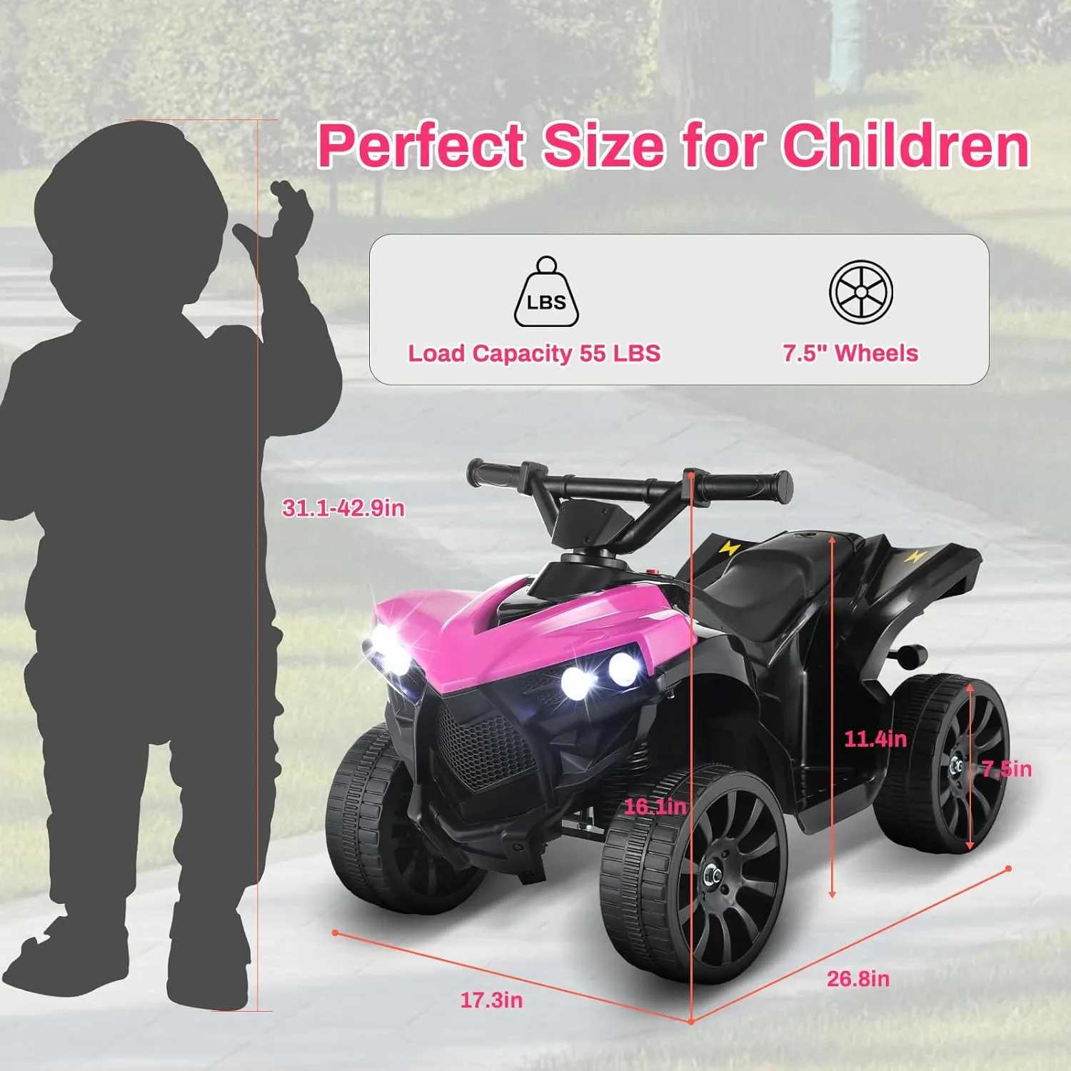 Arlopu 6V Kids Ride On Toy, 4-Wheeler Quad ATV Play Car w/1.86MPH Max Speed, Treaded Tires, Rubber Handles, Music, Headlights, Pedal Accelerator (Pink)