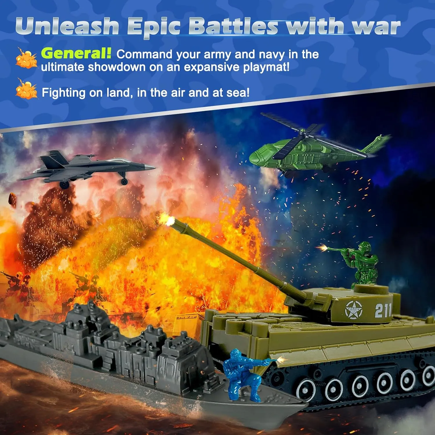 Army Men Playset - Large Set Including Army Men Action Figures, Battle Mat, Army and Navy Weapon Gear Accessories, Military Combat Toys, Army Toys for Boys Age 4-12