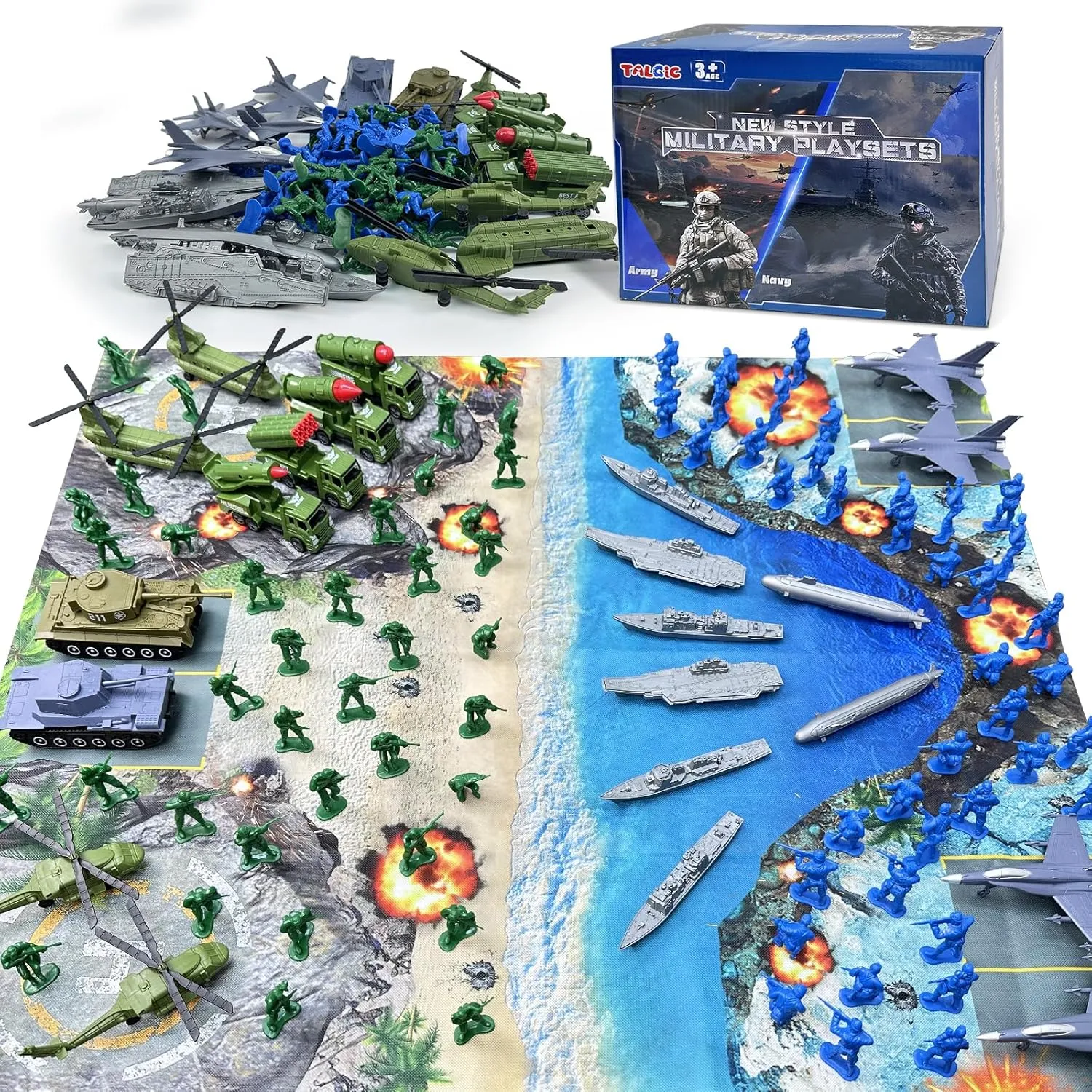 Army Men Playset - Large Set Including Army Men Action Figures, Battle Mat, Army and Navy Weapon Gear Accessories, Military Combat Toys, Army Toys for Boys Age 4-12
