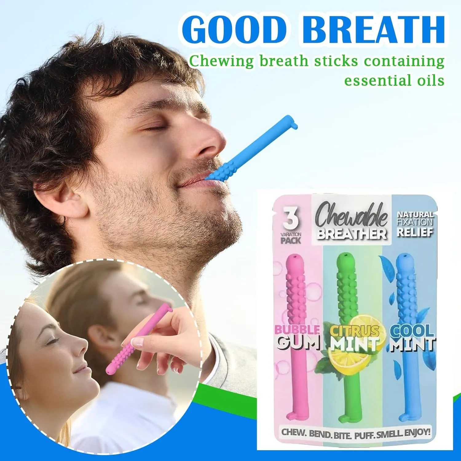 Aromatherapy Chewable Silicone Stick, Peppermint and Rosemary Essential Oils, Stress Relief and Focus Aid (Blue)