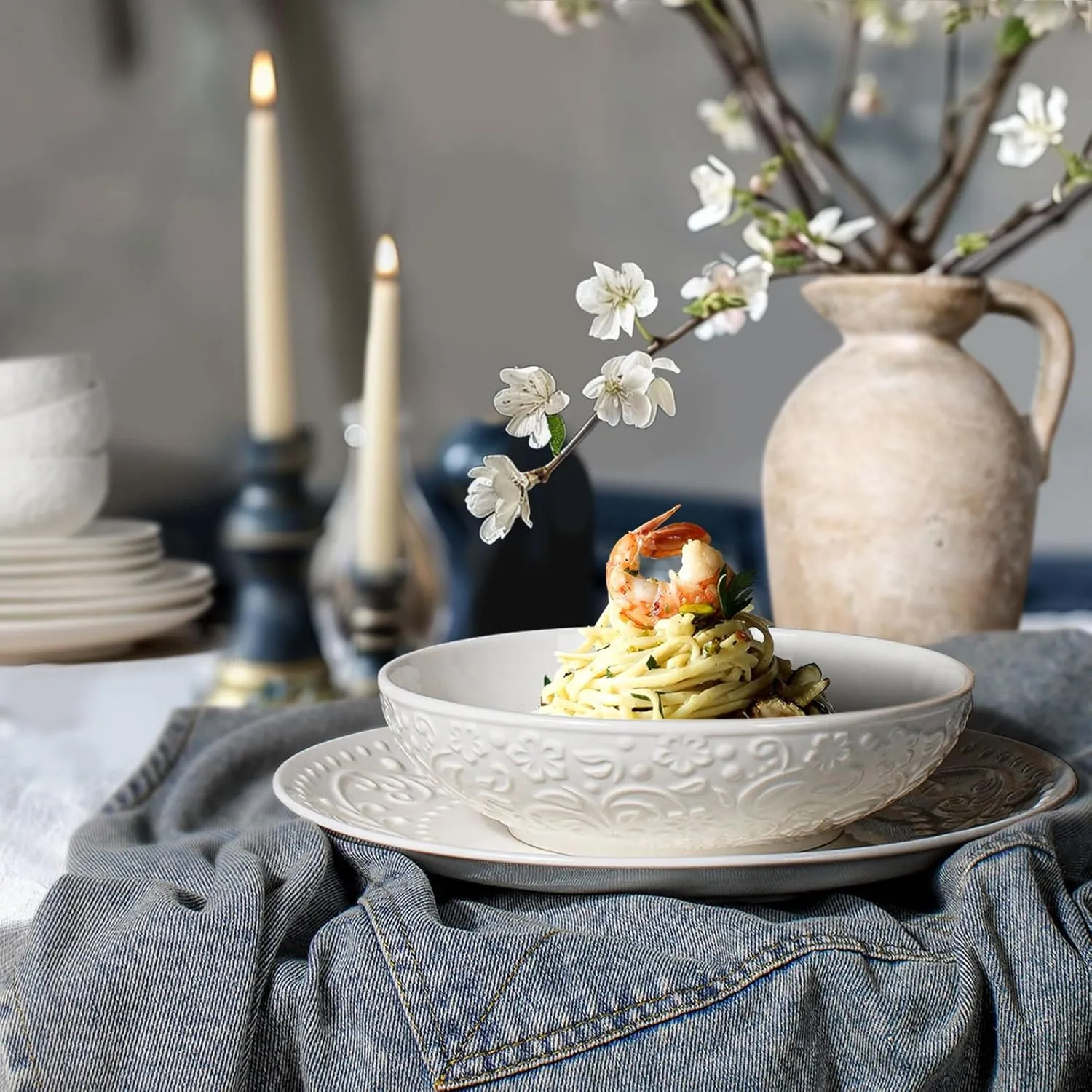 Artena Pasta Bowls 32oz, Ceramic Large Salad Bowls 8 inch, White Embossed Soup Bowl Set of 4 for Serving， Entertaining, Wide Shallow Dinner Bowls, Microwave Dishwasher Oven Safe (Flower)