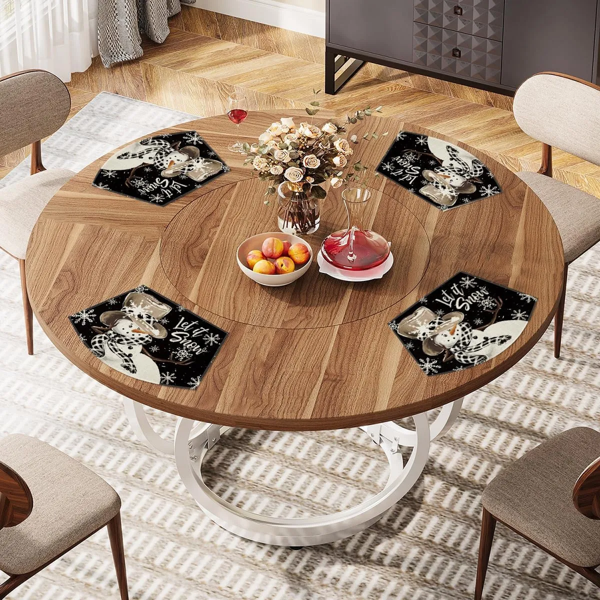 Artoid Mode Black Christmas Snowman Wedge Shape Placemats for Round Table Set of 4, Let it Snow Winter Winter Seasonal Kitchen Dining Table Decoration for Indoor Party Home