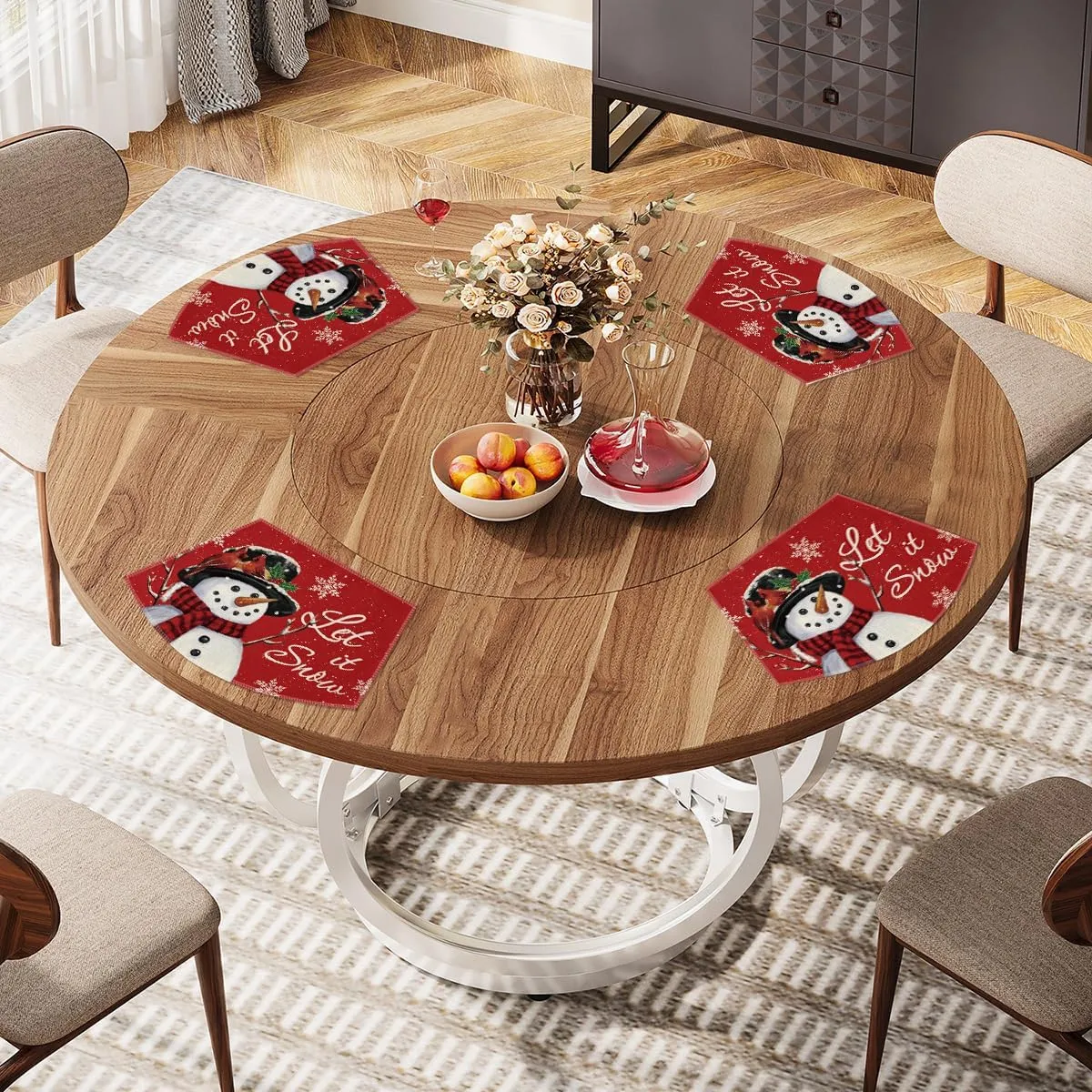 Artoid Mode Red Christmas Snowman Wedge Shape Placemats for Round Table Set of 4, Let it Snow Winter Seasonal Kitchen Dining Table Decoration for Indoor Party Home