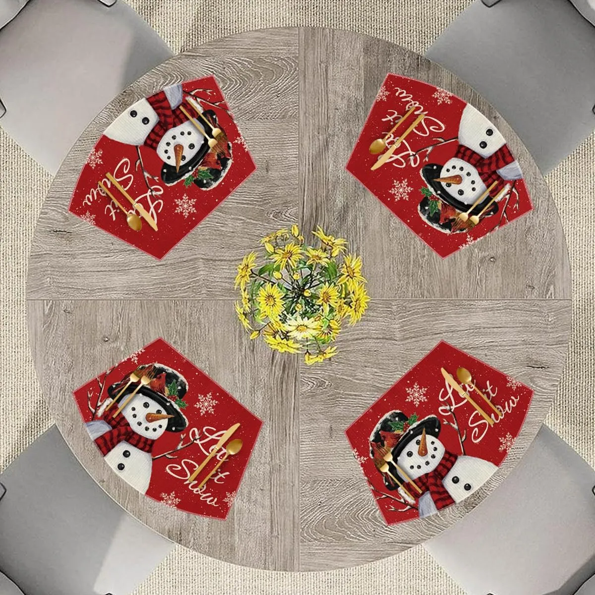 Artoid Mode Red Christmas Snowman Wedge Shape Placemats for Round Table Set of 4, Let it Snow Winter Seasonal Kitchen Dining Table Decoration for Indoor Party Home