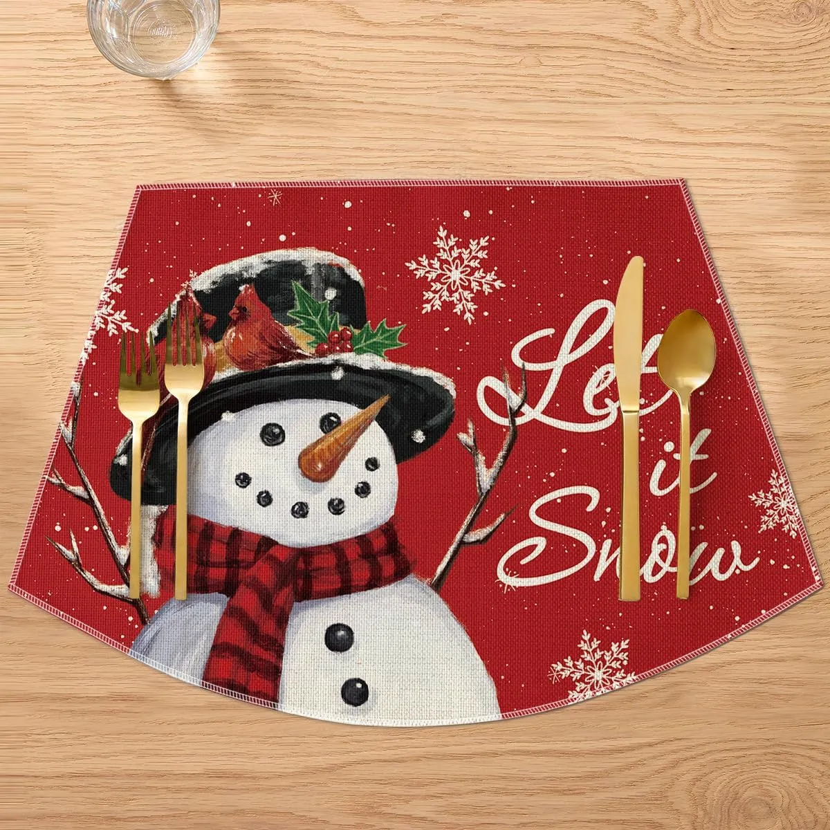 Artoid Mode Red Christmas Snowman Wedge Shape Placemats for Round Table Set of 4, Let it Snow Winter Seasonal Kitchen Dining Table Decoration for Indoor Party Home