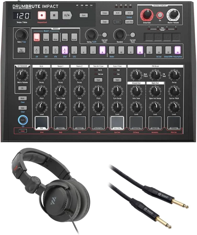 ARTURIA DrumBrute Impact Special Edition Noir Analog Drum Machine (Black) Bundle with Polsen HPC-A30-MK2 Studio Monitor Headphones and 1/4" Phone to Phone Cable