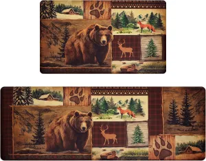 ASPMIZ 2 Pieces Farmhouse Kitchen Rugs Non Slip, Rustic Lodge Bear Moose Deer Kitchen Mats Cushioned Anti Fatigue Brown, Washable Kitchen Floor Mats for in Front of Sink, 18'' x 48''   18'' x 30''