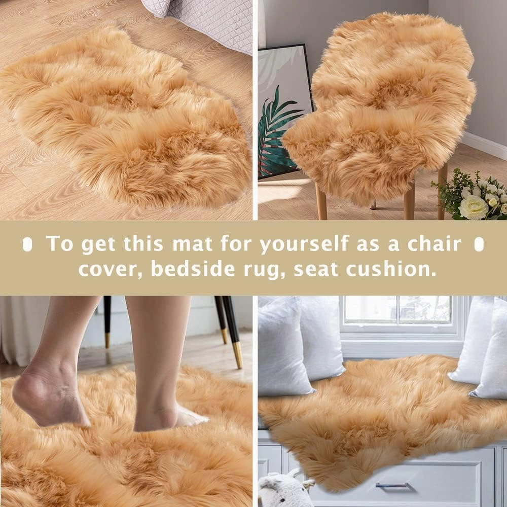 Asrug Faux Fur Pet Mat Ultra Cozy Throw Rug, Luxury Soft Faux Sheepskin Chair Cover Seat Pad Shag Fur Area Rugs, 24 by 36 inches (Khaki)