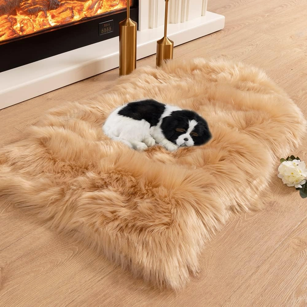 Asrug Faux Fur Pet Mat Ultra Cozy Throw Rug, Luxury Soft Faux Sheepskin Chair Cover Seat Pad Shag Fur Area Rugs, 24 by 36 inches (Khaki)