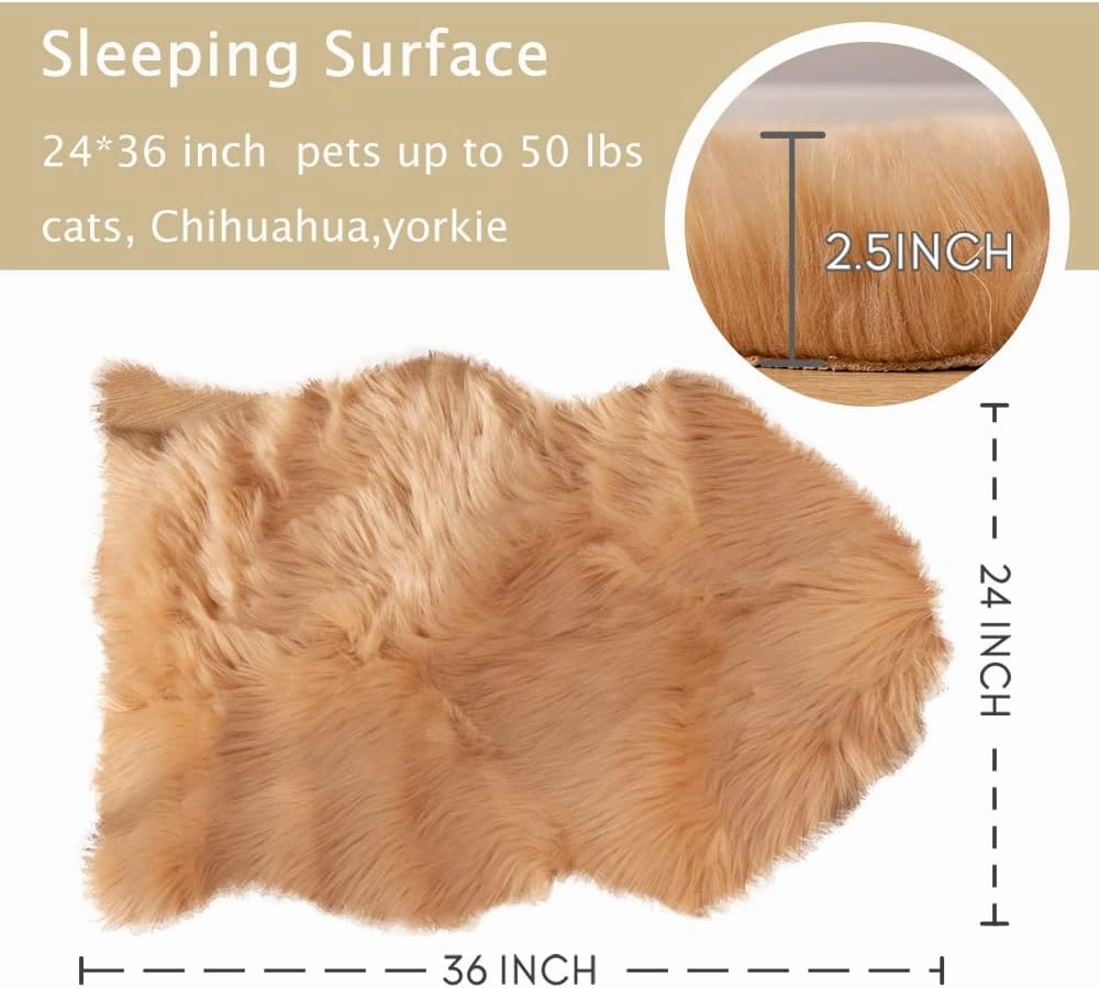 Asrug Faux Fur Pet Mat Ultra Cozy Throw Rug, Luxury Soft Faux Sheepskin Chair Cover Seat Pad Shag Fur Area Rugs, 24 by 36 inches (Khaki)